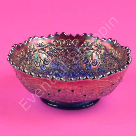 Fenton Carnival Glass Cherry Chain Blue 5" Bowl - Picture 3 of 4